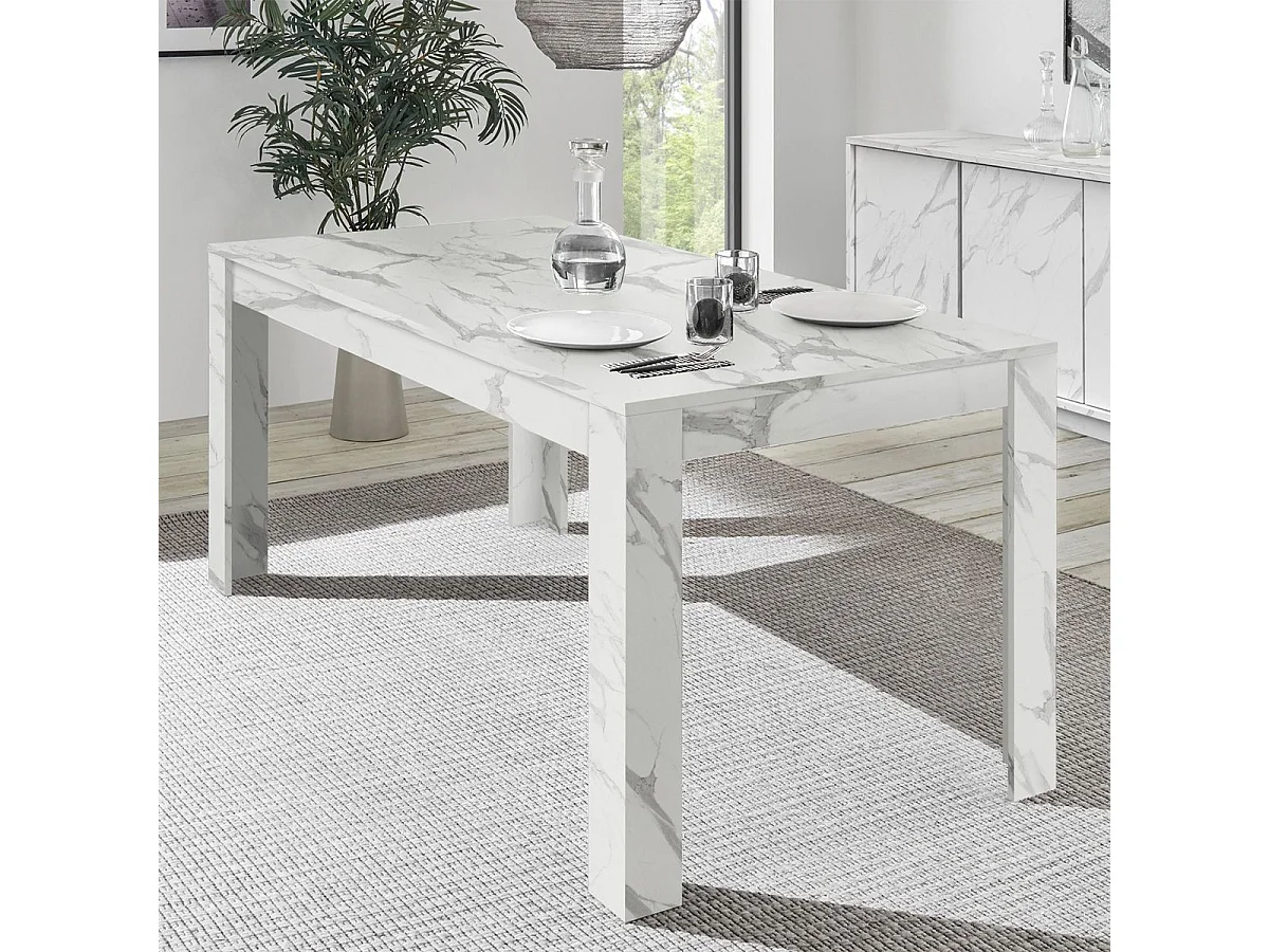 PIRALIA - Table Repas 180cm Aspect Marbre Blanc