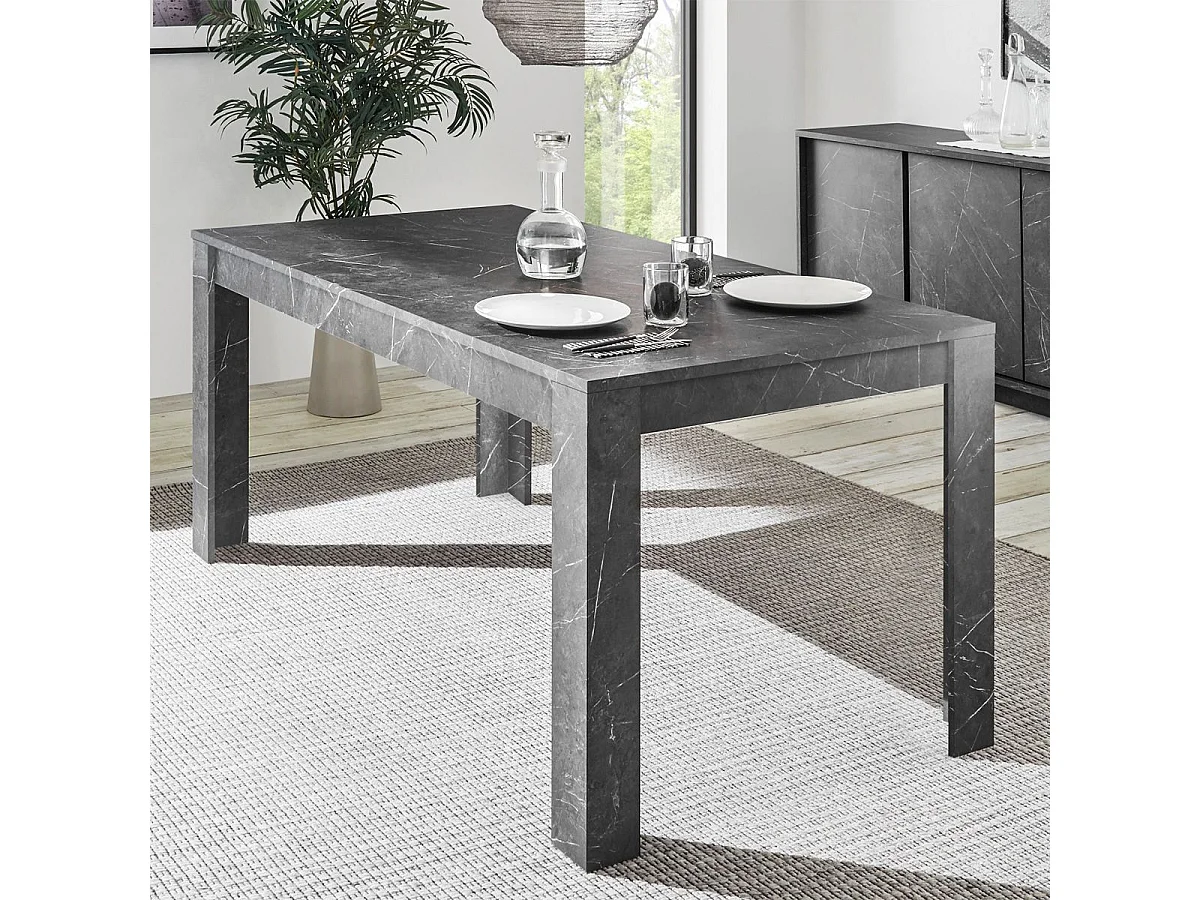PIRALIA - Table Repas Rectangulaire 180cm Aspect Marbre Gris Anthracite