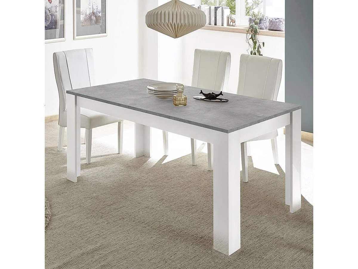 OTELLO - Table Repas 180cm Blanc Laqué Brillant Plateau Aspect Béton