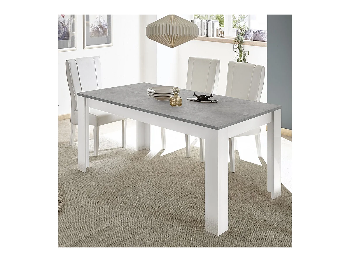 OTELLO - Table Repas 180cm Blanc Laqué Brillant Plateau Aspect Béton