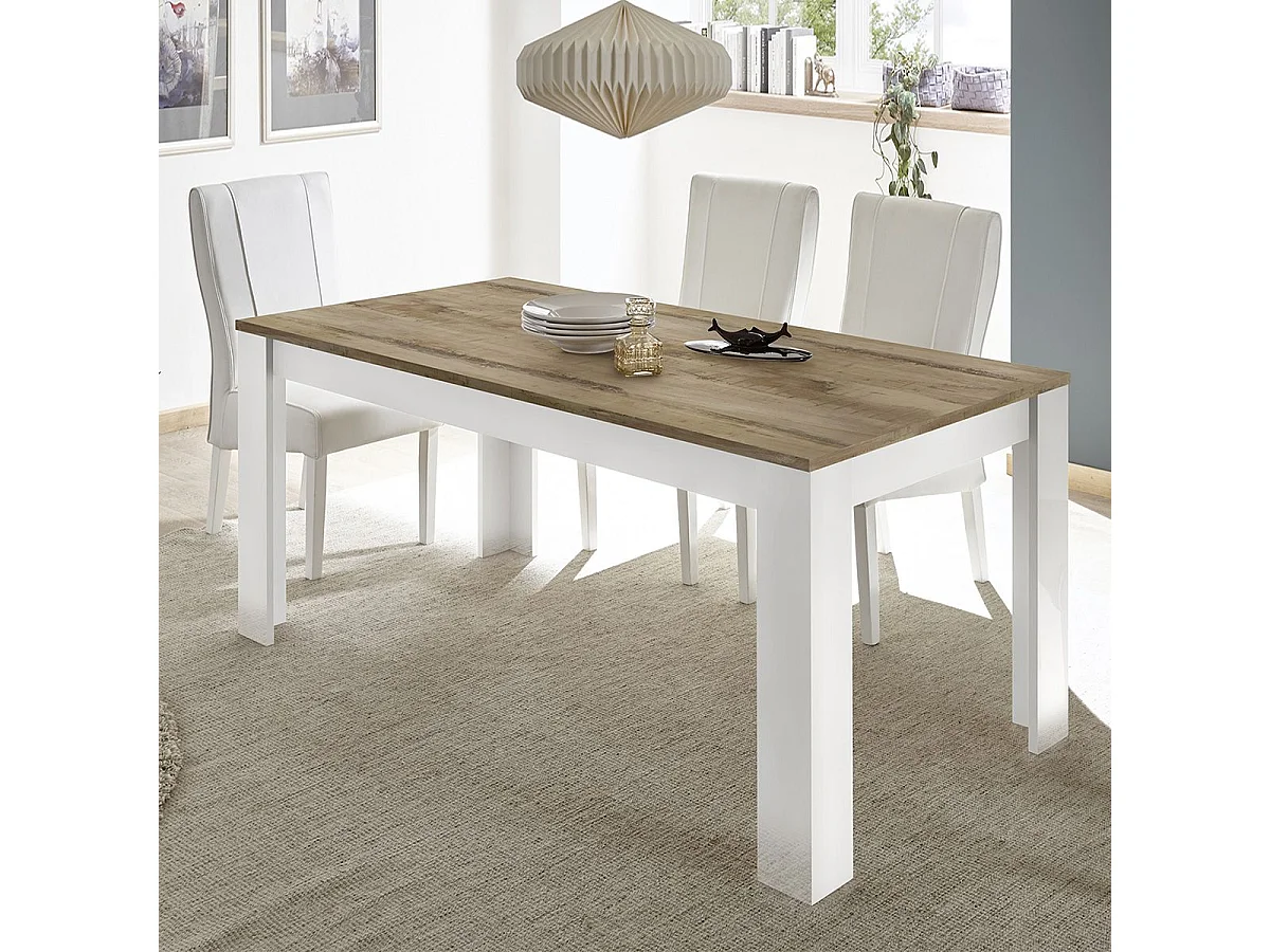 ANTIK - Table Repas 180cm Blanc Laqué Brillant Plateau Aspect Bois Antik