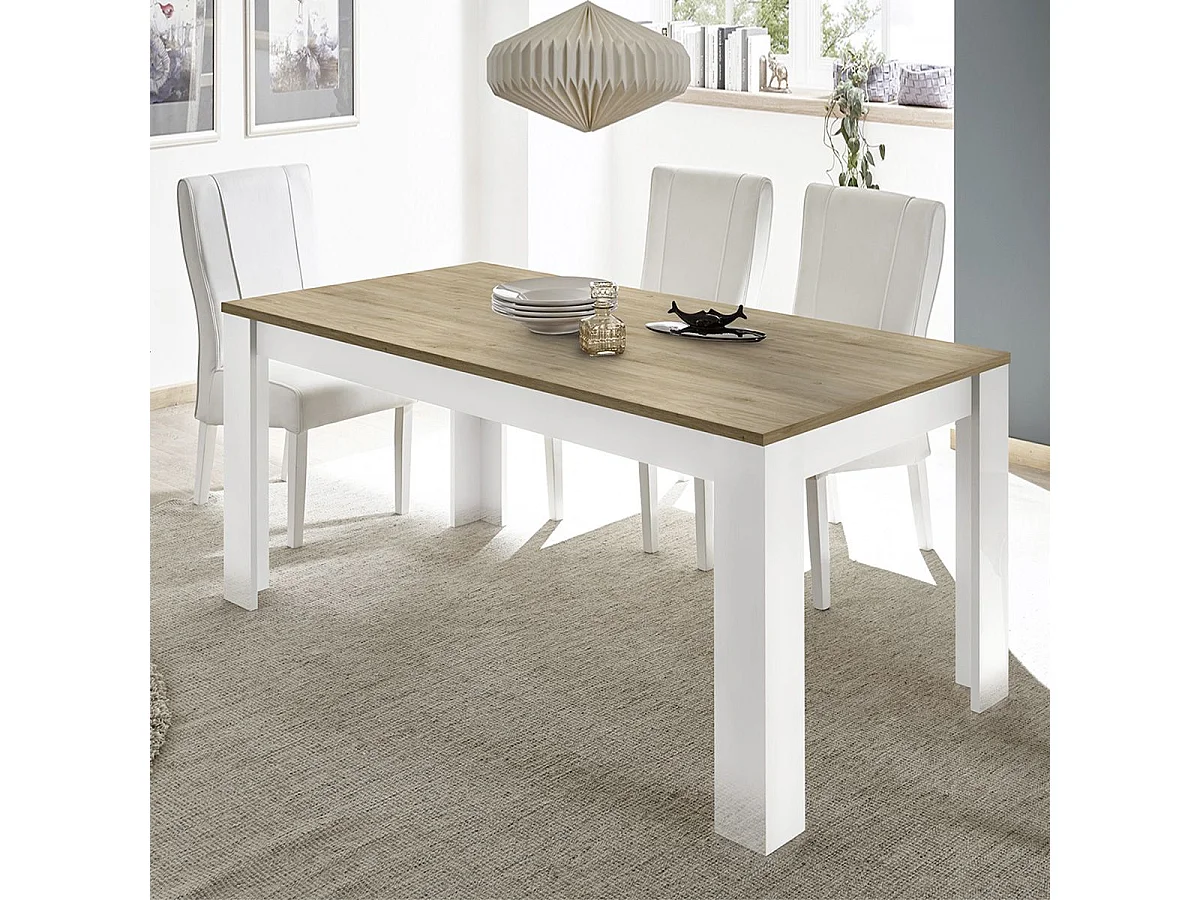 CADIZ - Table Repas 180cm Blanc Laqué Brillant Plateau Aspect Bois Cadiz