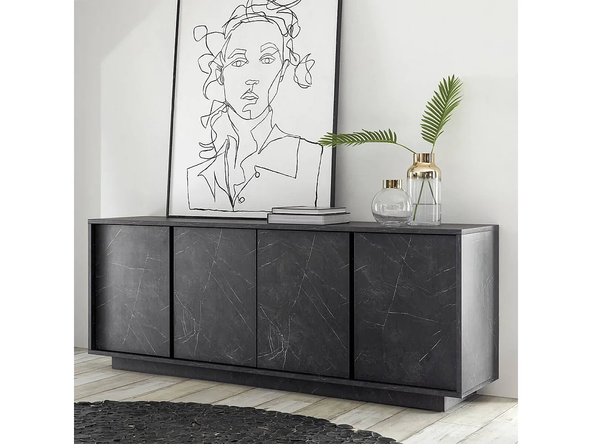 PIRALIA - Buffet 4 Portes Aspect Marbre Gris Anthracite