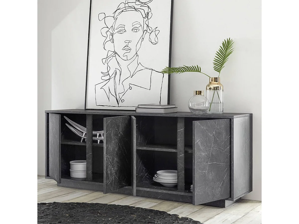 PIRALIA - Buffet 4 Portes Aspect Marbre Gris Anthracite