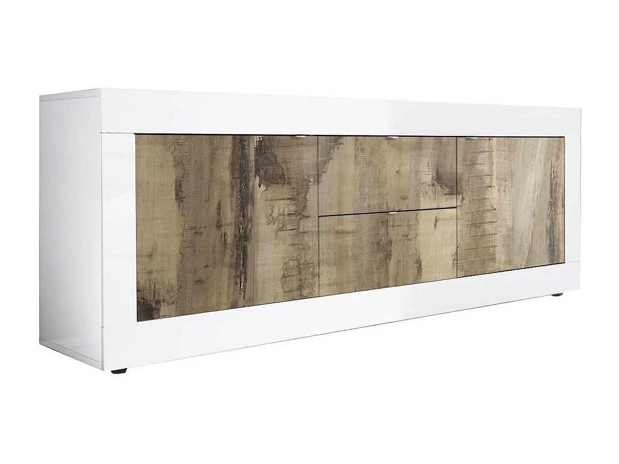 OTELLO - Meuble TV 2 Portes 2 Tiroirs Finition Blanc Laqué et Aspect Bois Antik