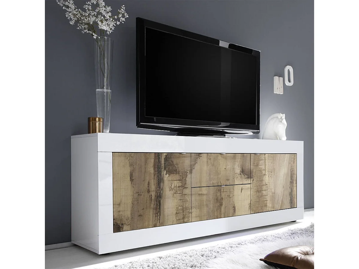 OTELLO - Meuble TV 2 Portes 2 Tiroirs Finition Blanc Laqué et Aspect Bois Antik