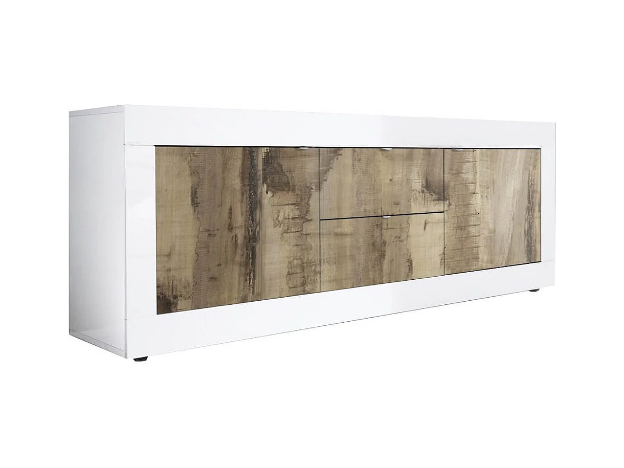 OTELLO - Buffet bas 2 Portes 2 Tiroirs Finition Blanc Laqué et Aspect Bois Antik