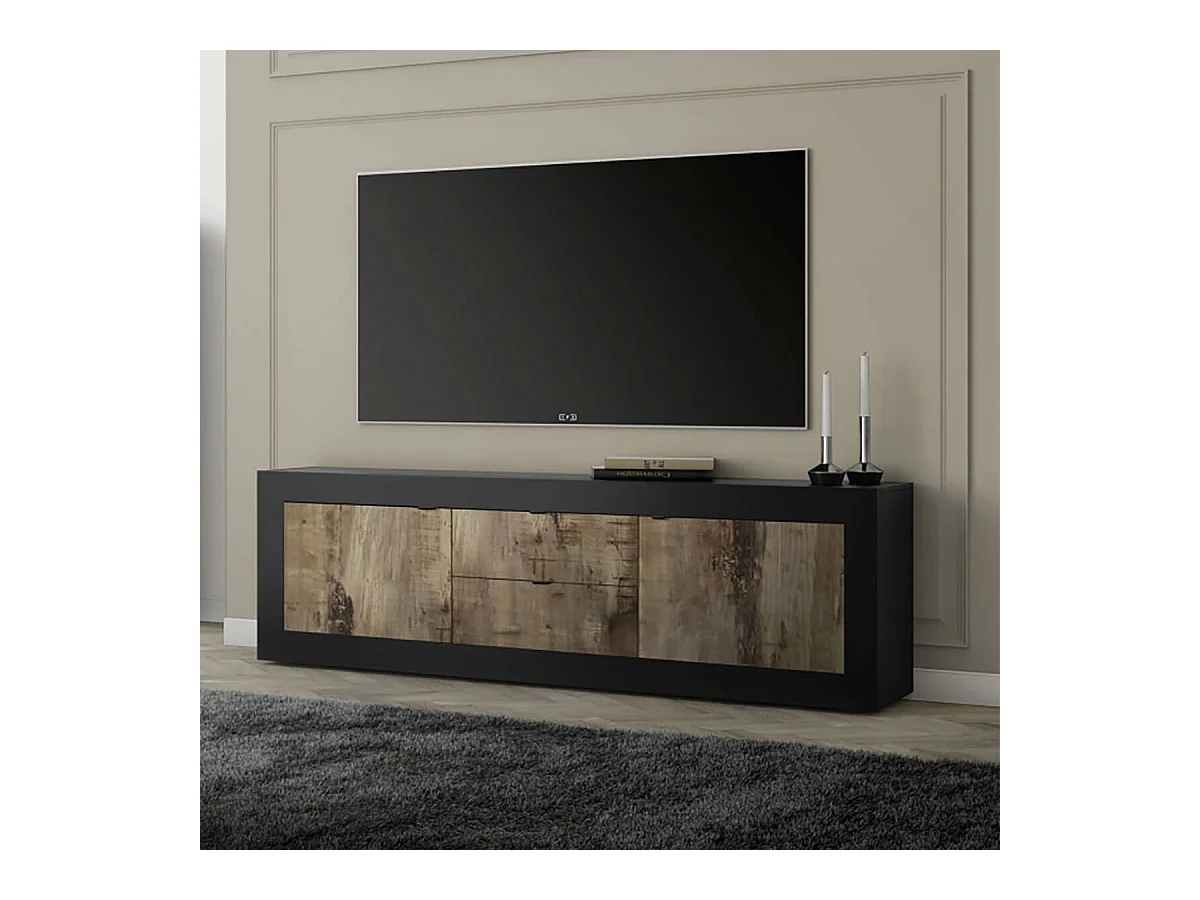 OTELLO - Meuble TV 2 Portes 2 Tiroirs Finition Noir Mat et Aspect Bois Antik