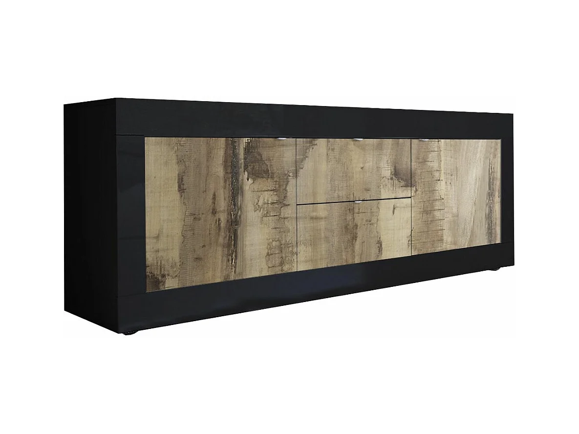 OTELLO - Meuble TV 2 Portes 2 Tiroirs Finition Noir Mat et Aspect Bois Antik