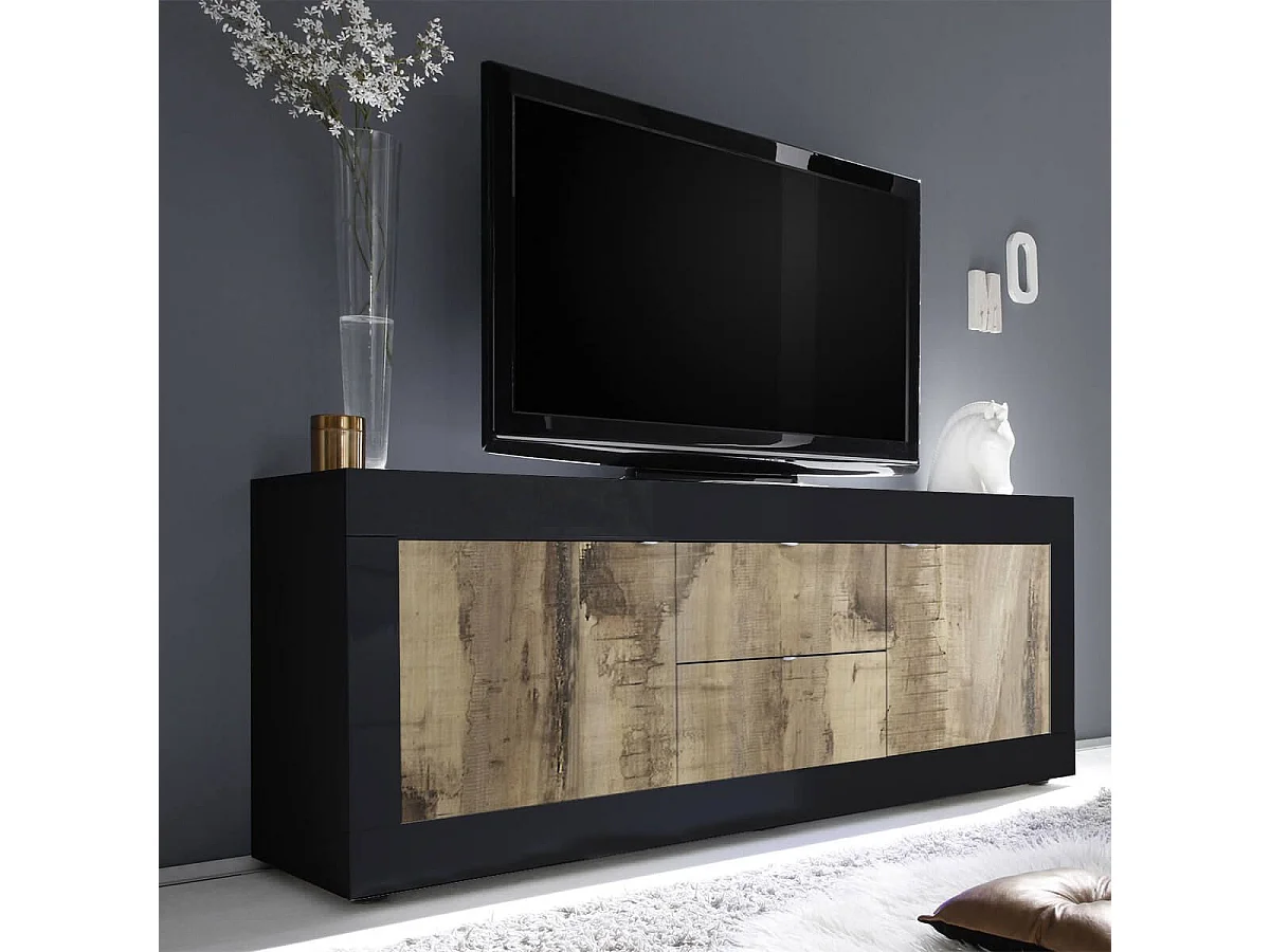 OTELLO - Meuble TV 2 Portes 2 Tiroirs Finition Noir Mat et Aspect Bois Antik