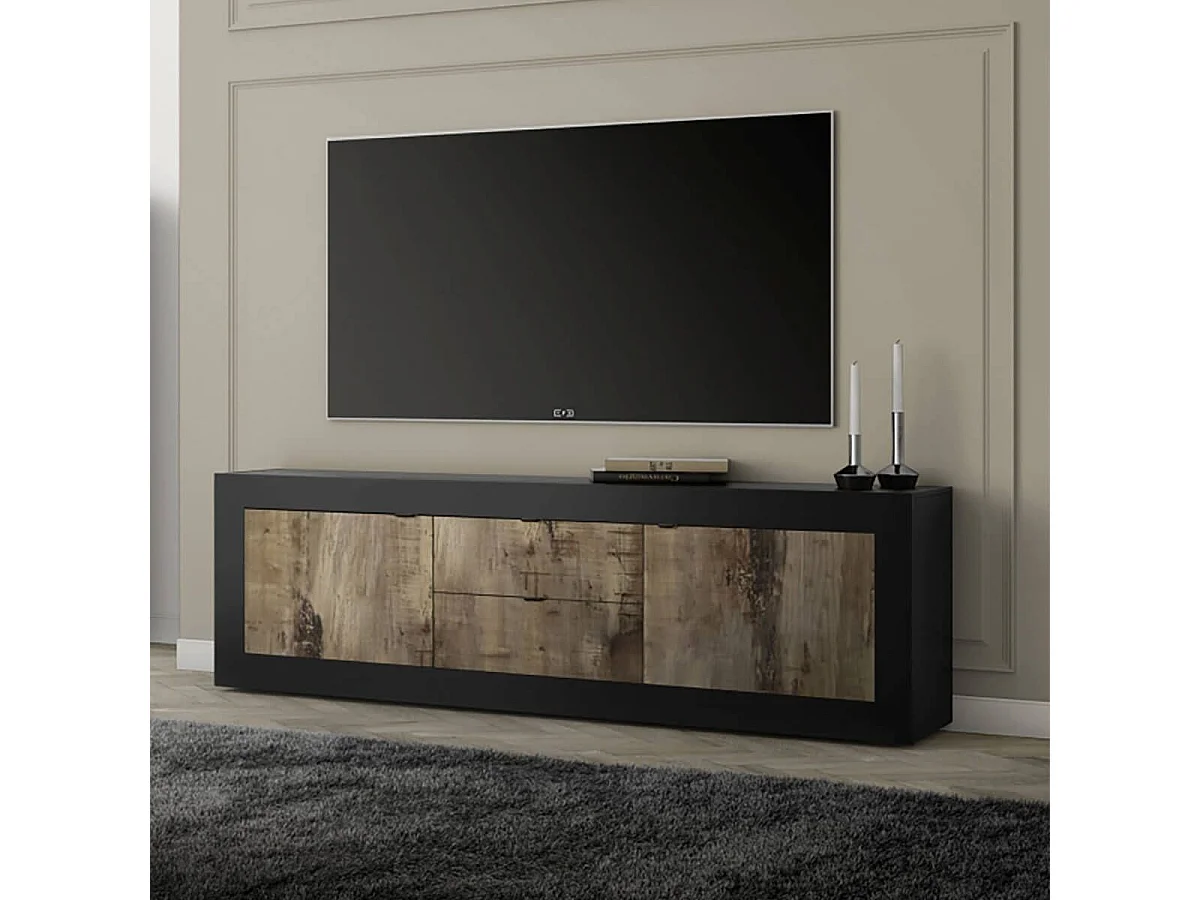 OTELLO - Meuble TV 2 Portes 2 Tiroirs Finition Noir Mat et Aspect Bois Antik