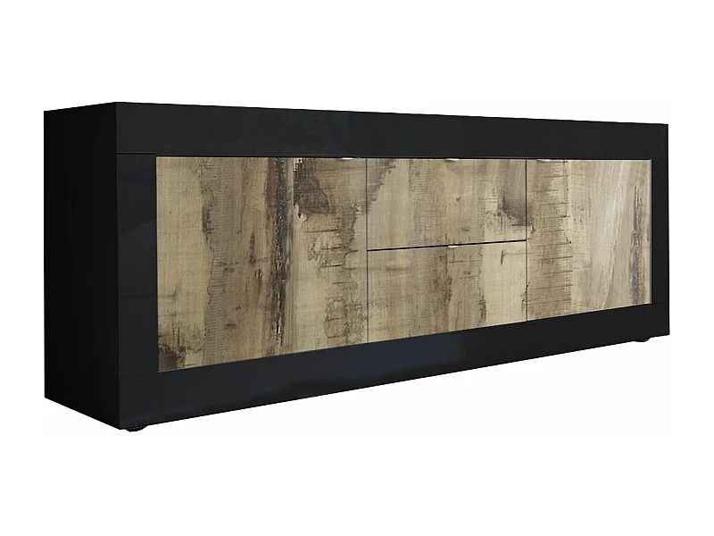 OTELLO - Meuble TV 2 Portes 2 Tiroirs Finition Noir Mat et Aspect Bois Antik