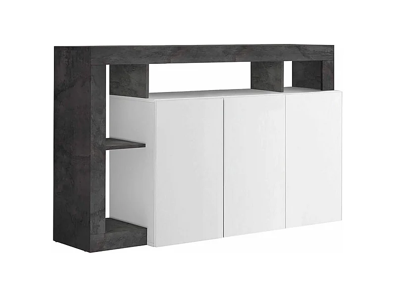 ARTURO - Buffet 3 Portes Blanc Laqué Encadrement Niches Aspect Gris Oxyde