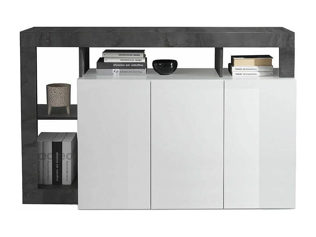 ARTURO - Buffet 3 Portes Blanc Laqué Encadrement Niches Aspect Gris Oxyde