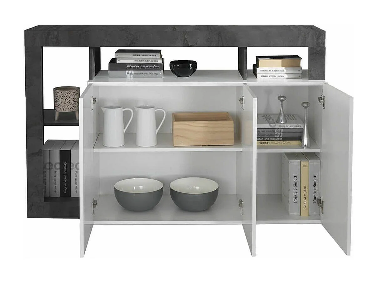 ARTURO - Buffet 3 Portes Blanc Laqué Encadrement Niches Aspect Gris Oxyde