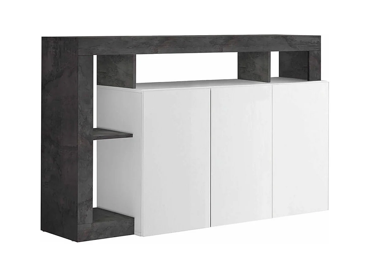 ARTURO - Buffet 3 Portes Blanc Laqué Encadrement Niches Aspect Gris Oxyde
