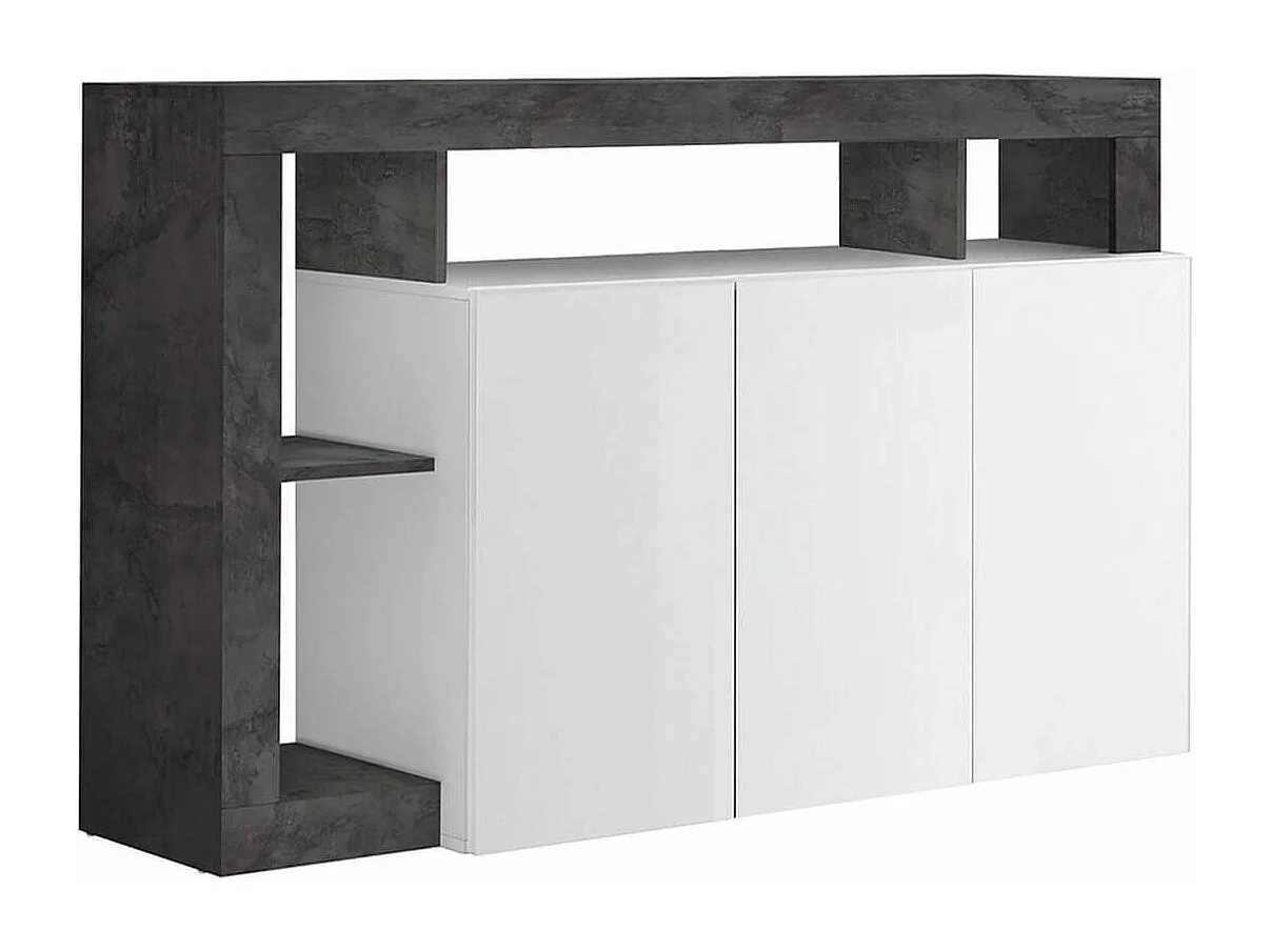 ARTURO - Buffet 3 Portes Blanc Laqué Encadrement Niches Aspect Gris Oxyde