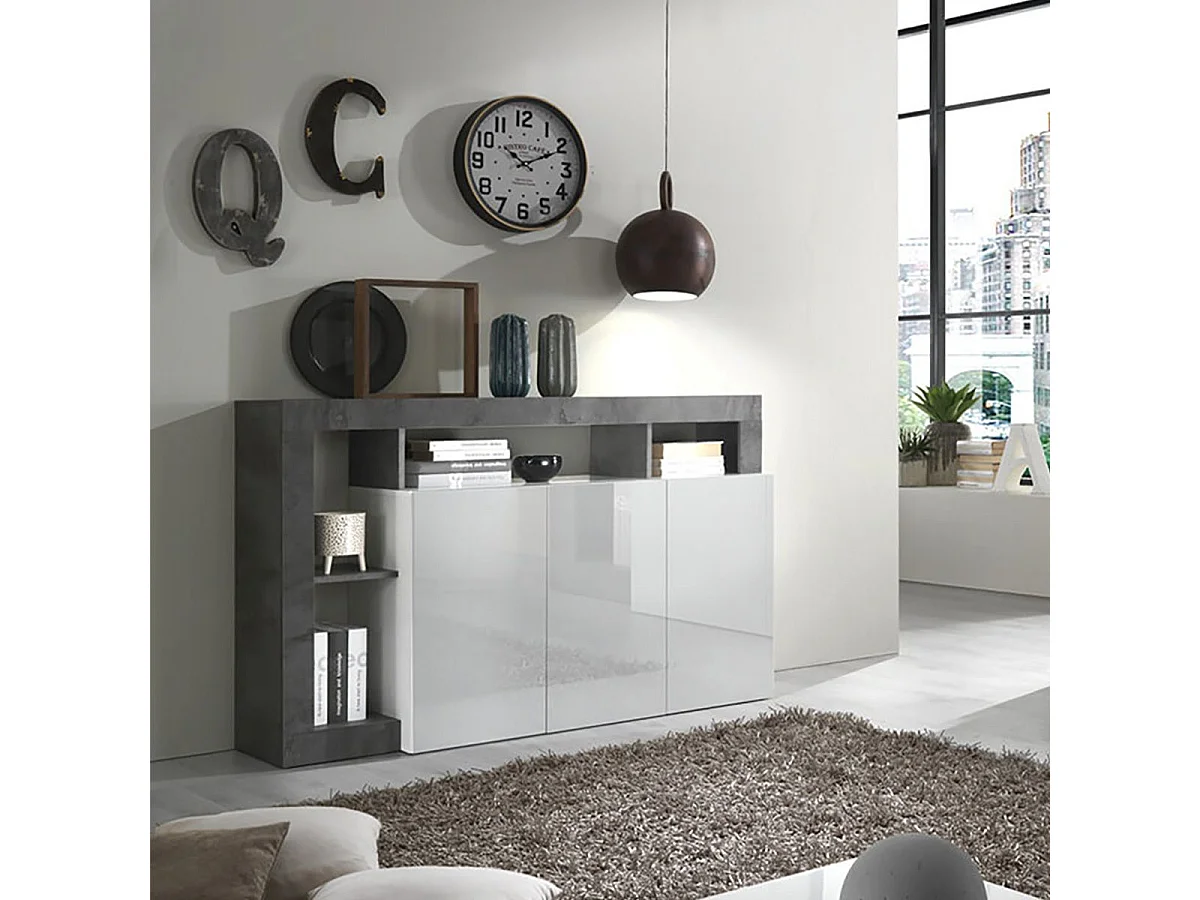 ARTURO - Buffet 3 Portes Blanc Laqué Encadrement Niches Aspect Gris Oxyde