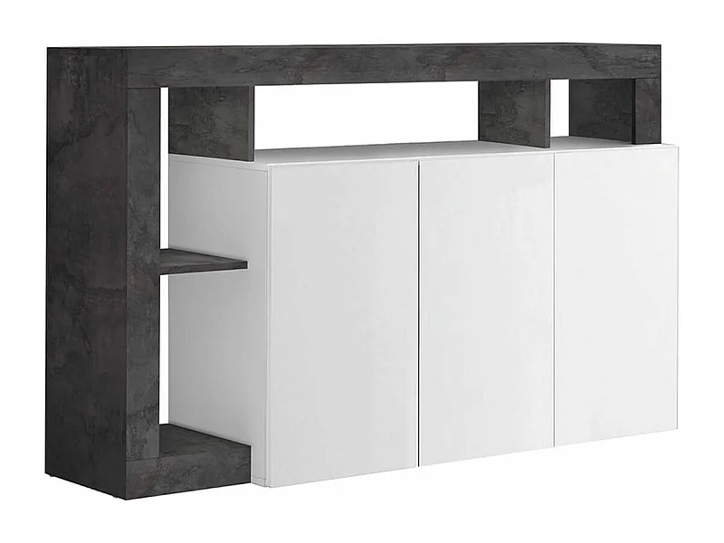 ARTURO - Buffet 3 Portes Blanc Laqué Encadrement Niches Aspect Gris Oxyde