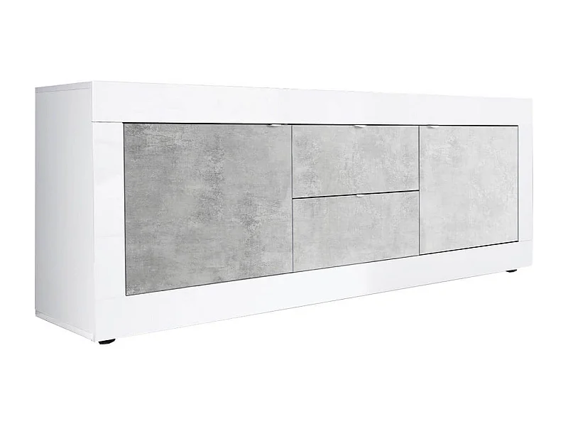 OTELLO - Meuble TV 2 Portes 2 Tiroirs Finition Blanc Laqué et Aspect Béton