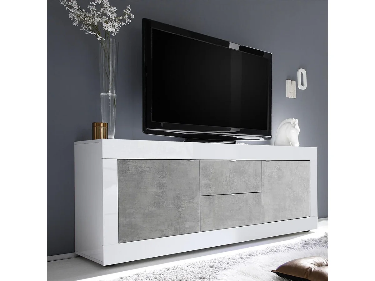 OTELLO - Meuble TV 2 Portes 2 Tiroirs Finition Blanc Laqué et Aspect Béton