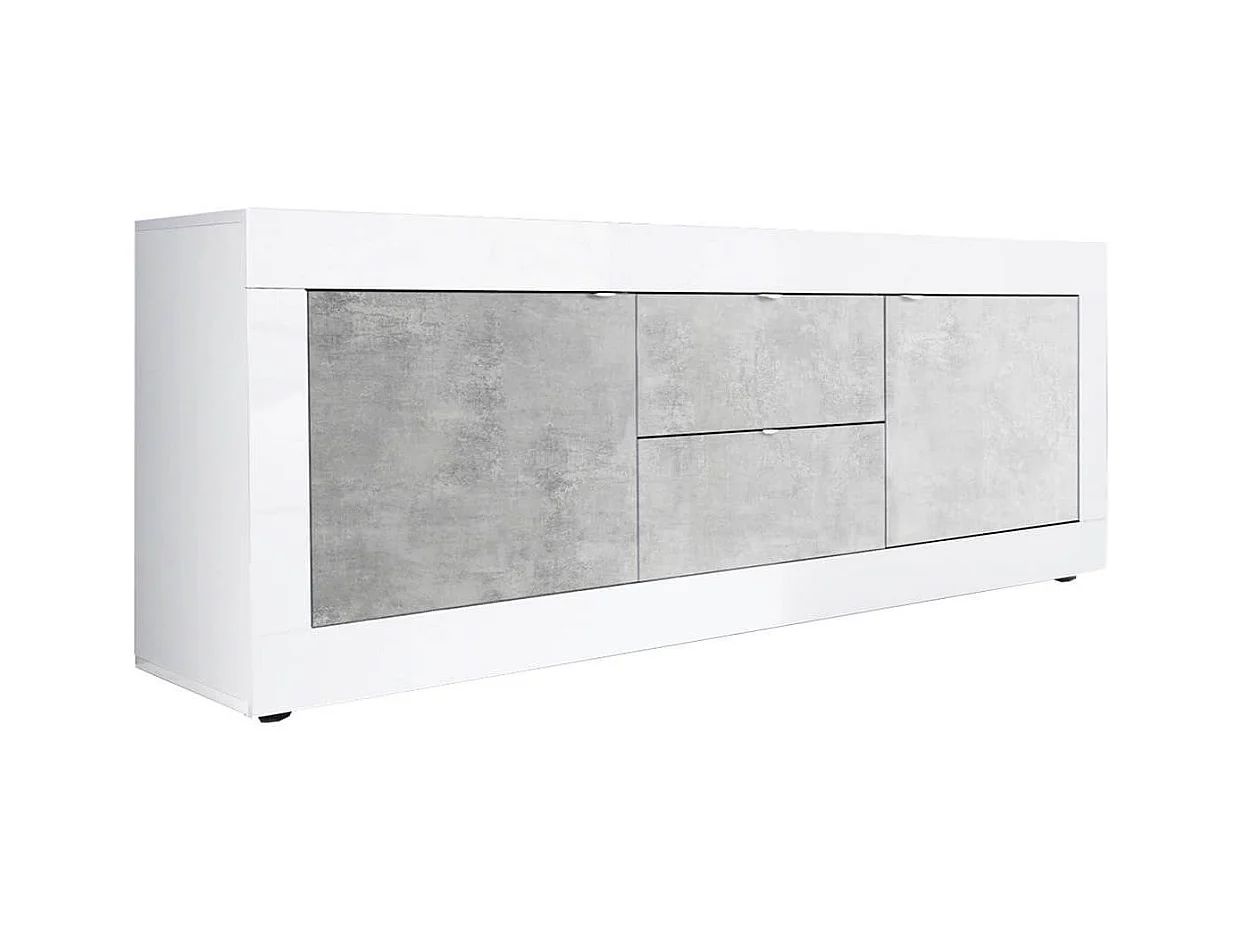 OTELLO - Meuble TV 2 Portes 2 Tiroirs Finition Blanc Laqué et Aspect Béton