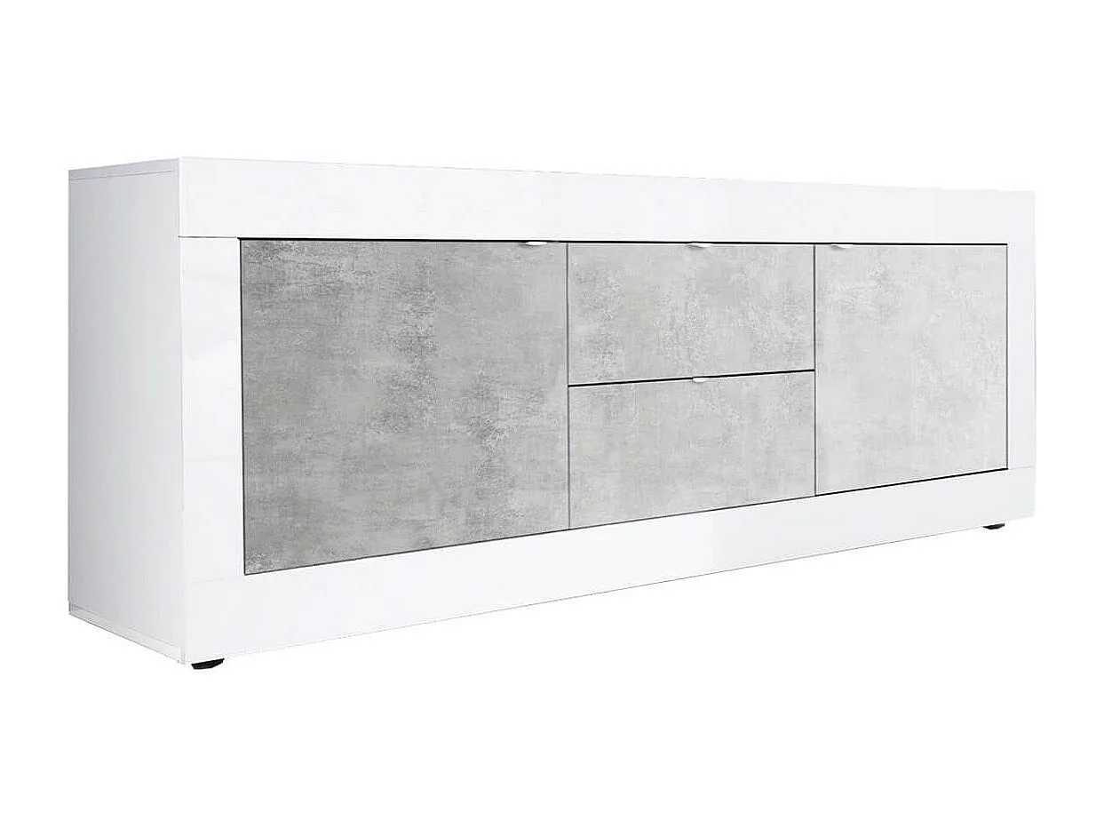 OTELLO - Meuble TV 2 Portes 2 Tiroirs Finition Blanc Laqué et Aspect Béton