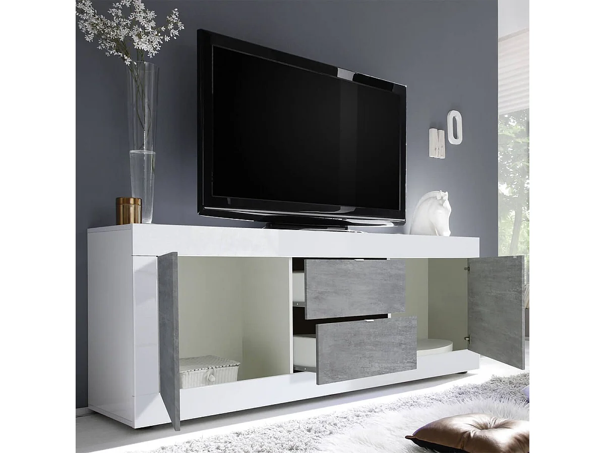 OTELLO - Meuble TV 2 Portes 2 Tiroirs Finition Blanc Laqué et Aspect Béton