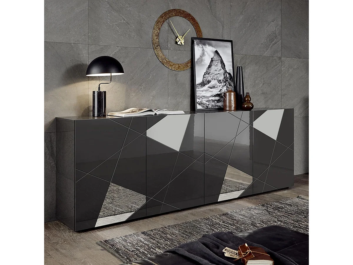 ORIANA - Buffet 4 Portes Finition Gris carbone avec Sérigraphies et Miroirs