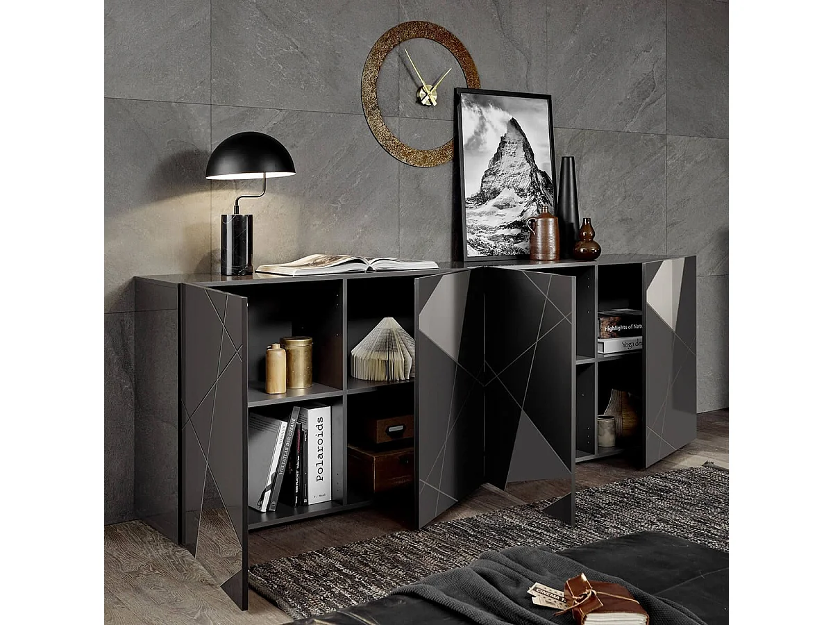 ORIANA - Buffet 4 Portes Finition Gris carbone avec Sérigraphies et Miroirs