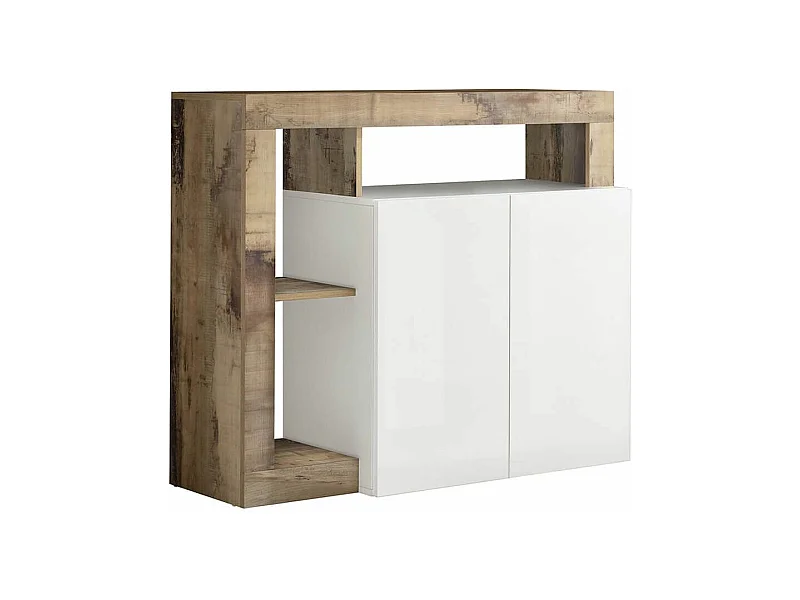 ARTURO - Buffet 2 Portes Blanc Laqué Encadrement Niches Aspect Bois Antik