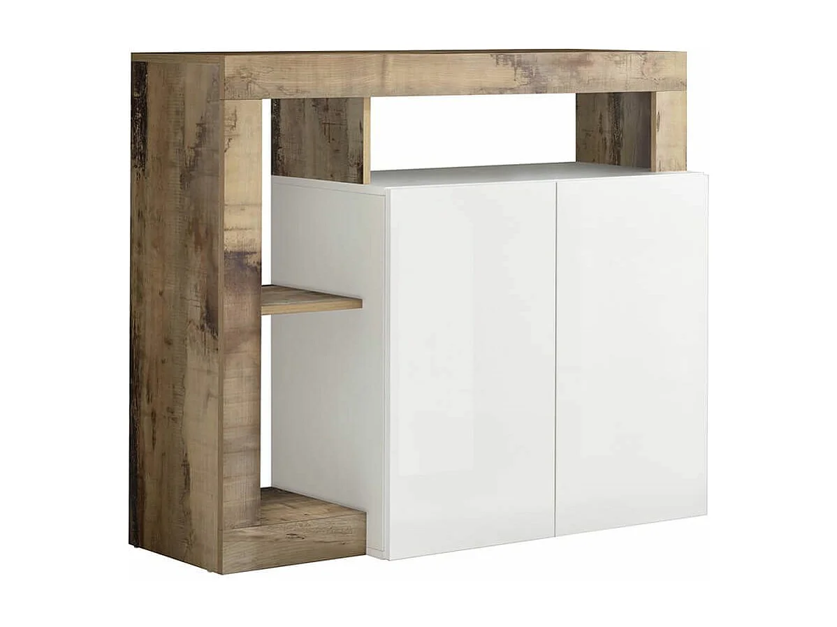 ARTURO - Buffet 2 Portes Blanc Laqué Encadrement Niches Aspect Bois Antik