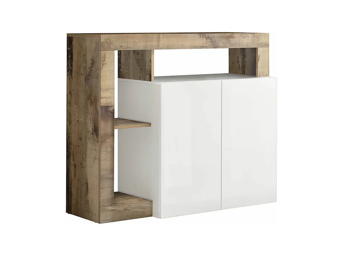 ARTURO - Buffet 2 Portes Blanc Laqué Encadrement Niches Aspect Bois Antik