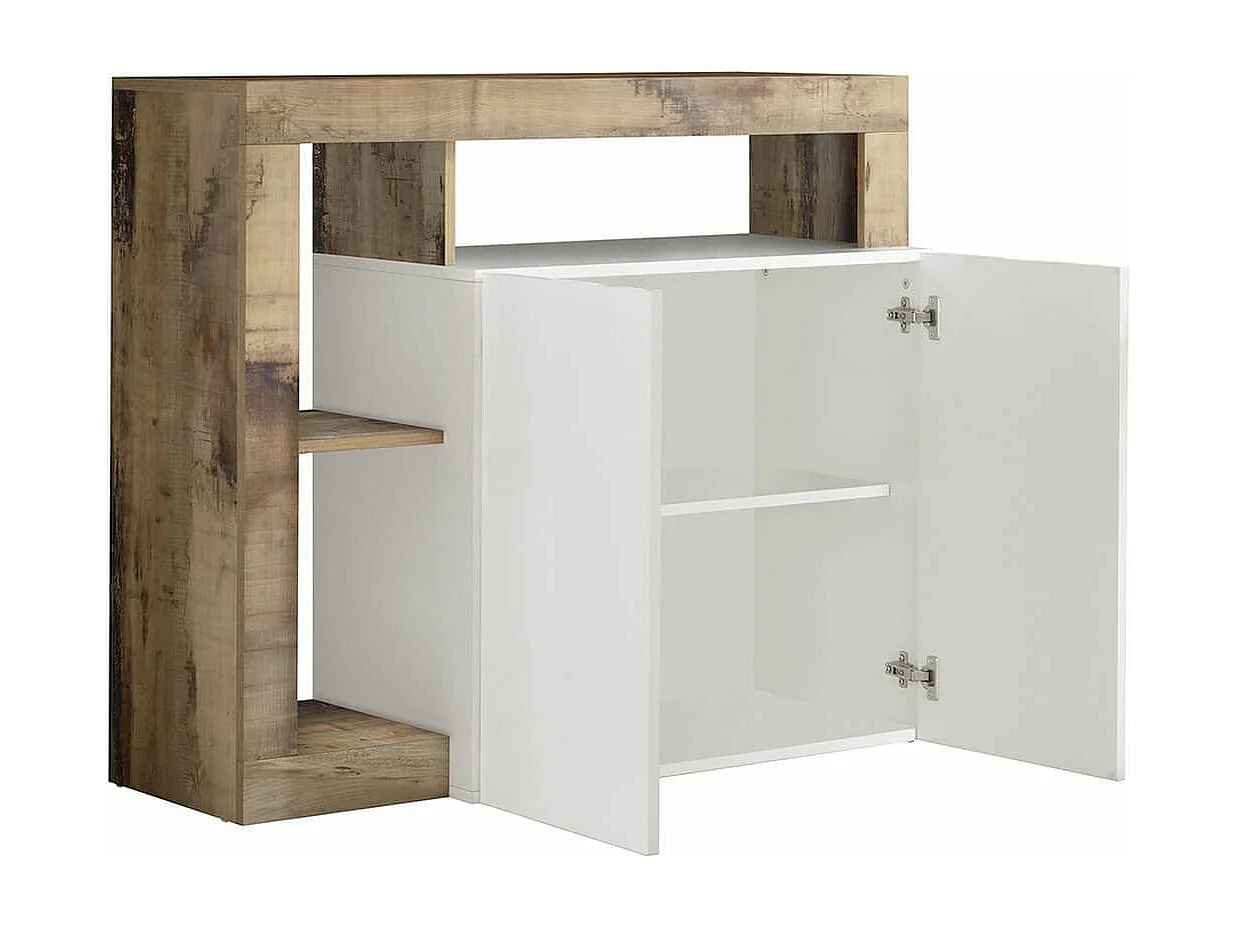 ARTURO - Buffet 2 Portes Blanc Laqué Encadrement Niches Aspect Bois Antik
