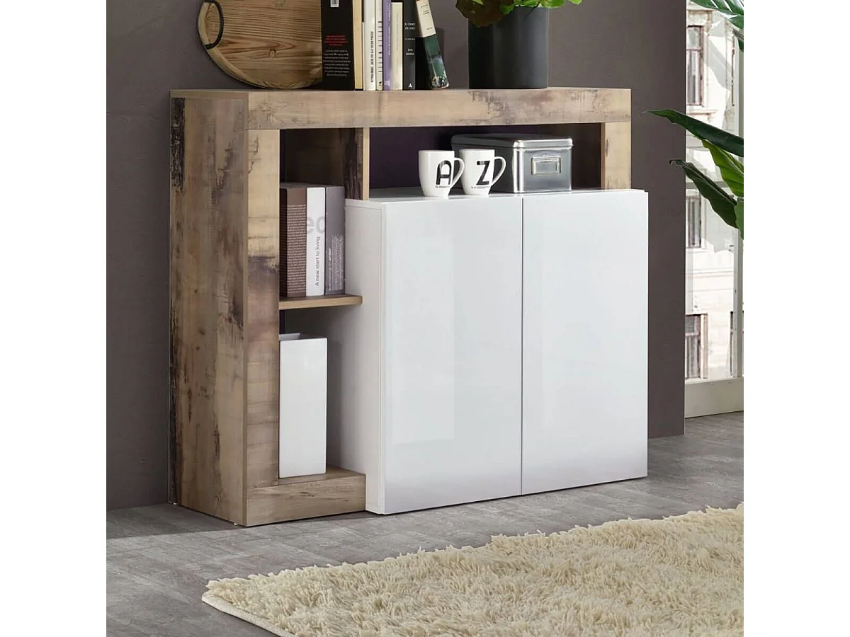 ARTURO - Buffet 2 Portes Blanc Laqué Encadrement Niches Aspect Bois Antik