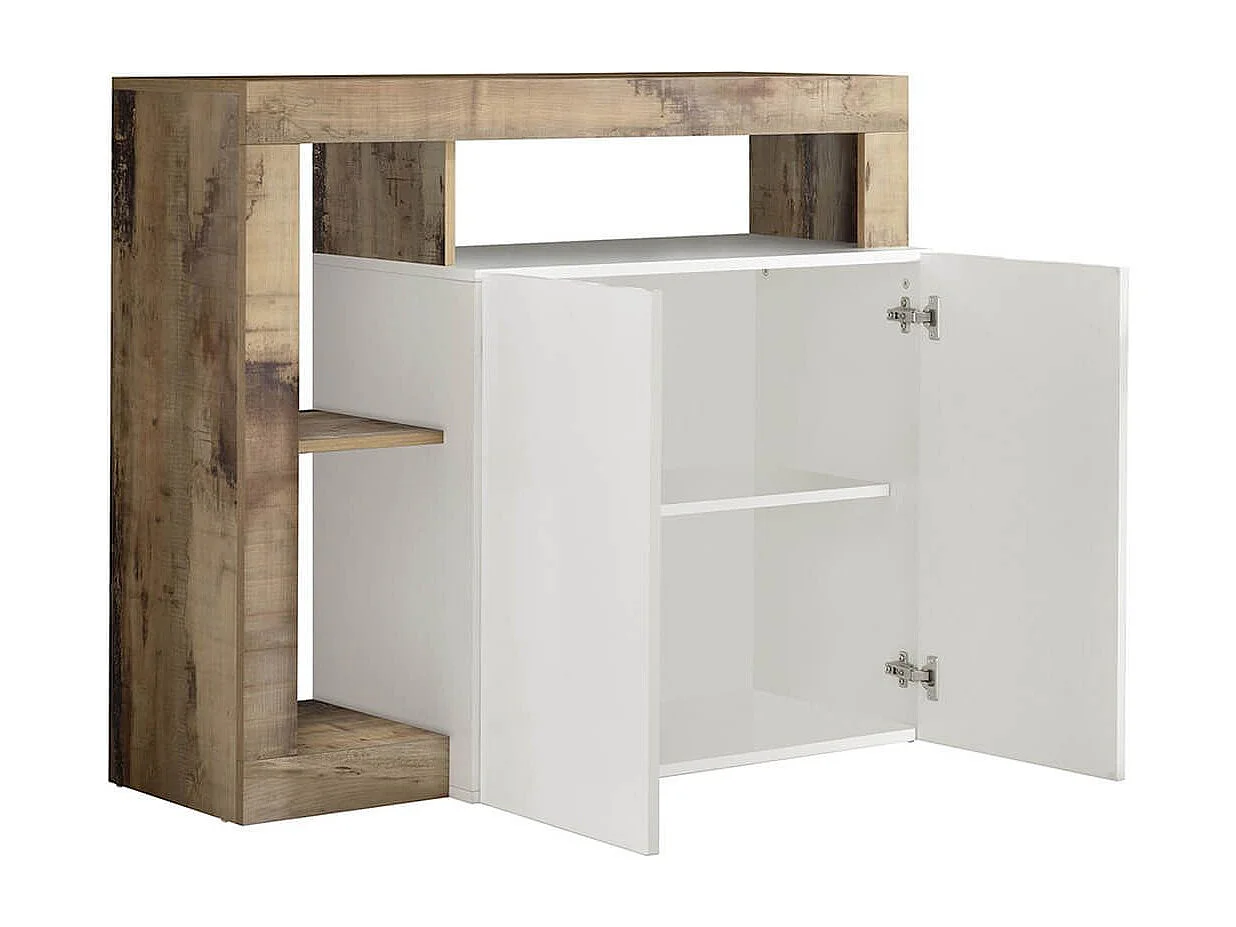 ARTURO - Buffet 2 Portes Blanc Laqué Encadrement Niches Aspect Bois Antik