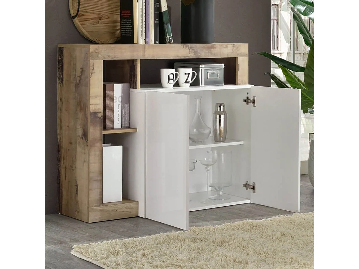 ARTURO - Buffet 2 Portes Blanc Laqué Encadrement Niches Aspect Bois Antik