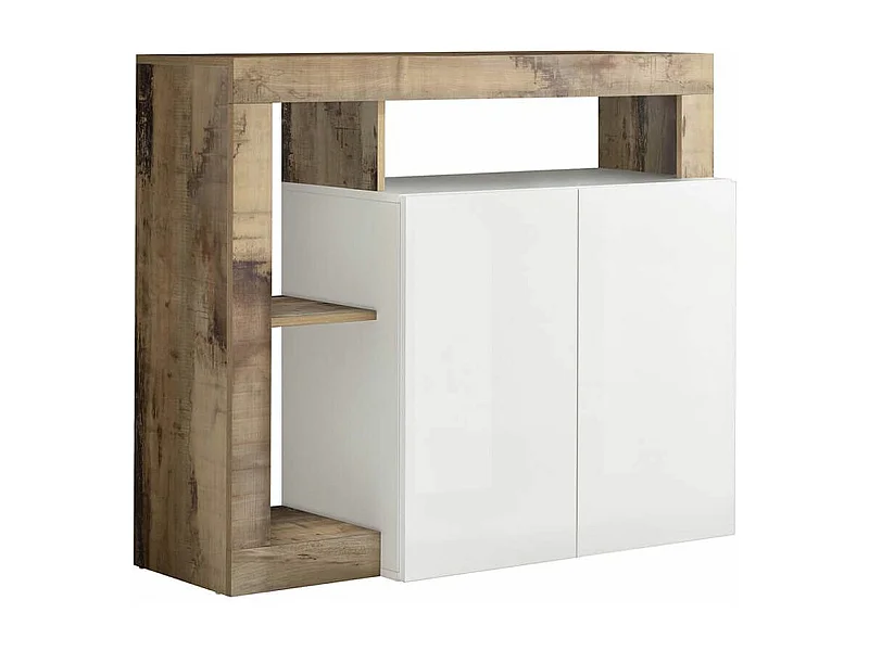 ARTURO - Buffet 2 Portes Blanc Laqué Encadrement Niches Aspect Bois Antik