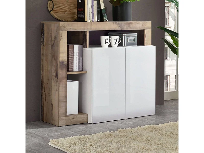 ARTURO - Buffet 2 Portes Blanc Laqué Encadrement Niches Aspect Bois Antik