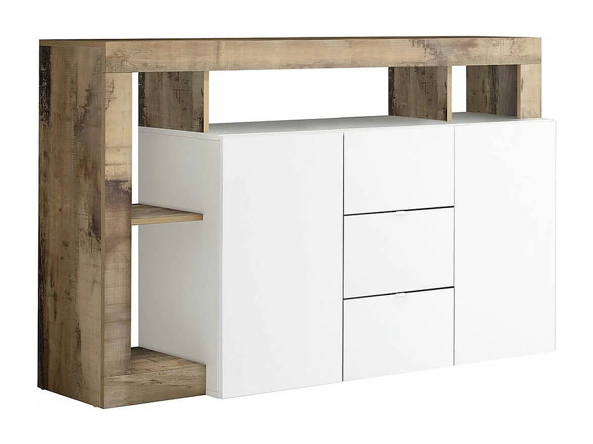 ARTURO - Buffet 2 Portes 3 Tiroirs Blanc Laqué Encadrement Niches Aspect Bois Antik