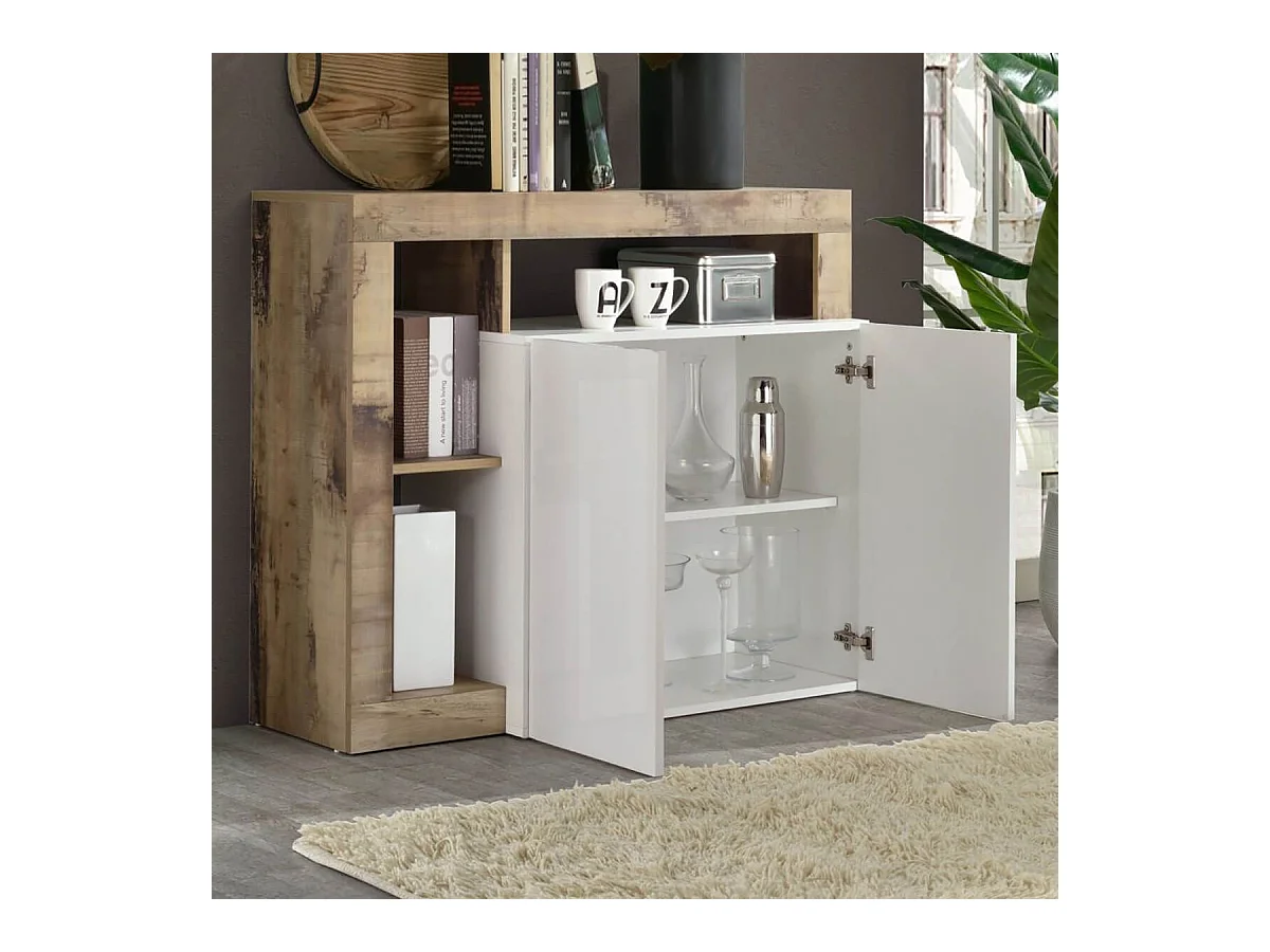 ARTURO - Buffet 2 Portes 3 Tiroirs Blanc Laqué Encadrement Niches Aspect Bois Antik