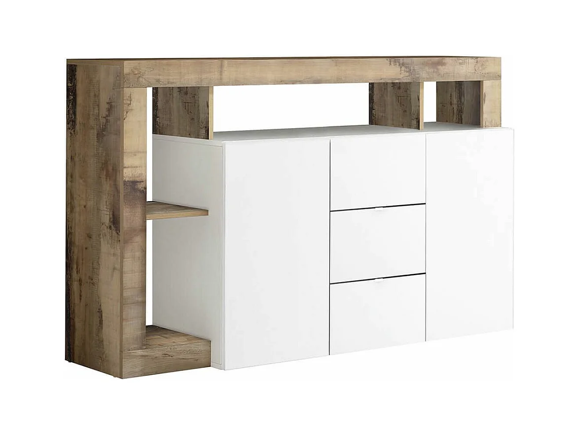ARTURO - Buffet 2 Portes 3 Tiroirs Blanc Laqué Encadrement Niches Aspect Bois Antik
