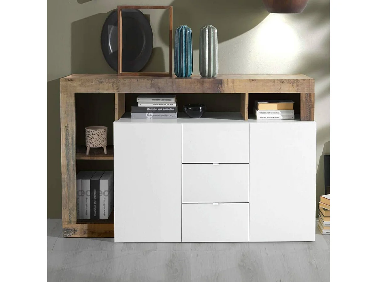 ARTURO - Buffet 2 Portes 3 Tiroirs Blanc Laqué Encadrement Niches Aspect Bois Antik