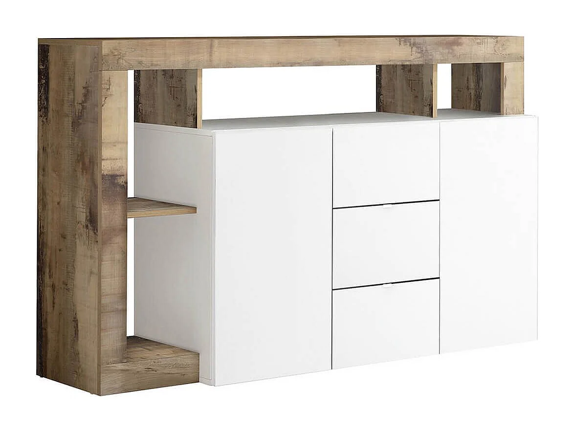 ARTURO - Buffet 2 Portes 3 Tiroirs Blanc Laqué Encadrement Niches Aspect Bois Antik