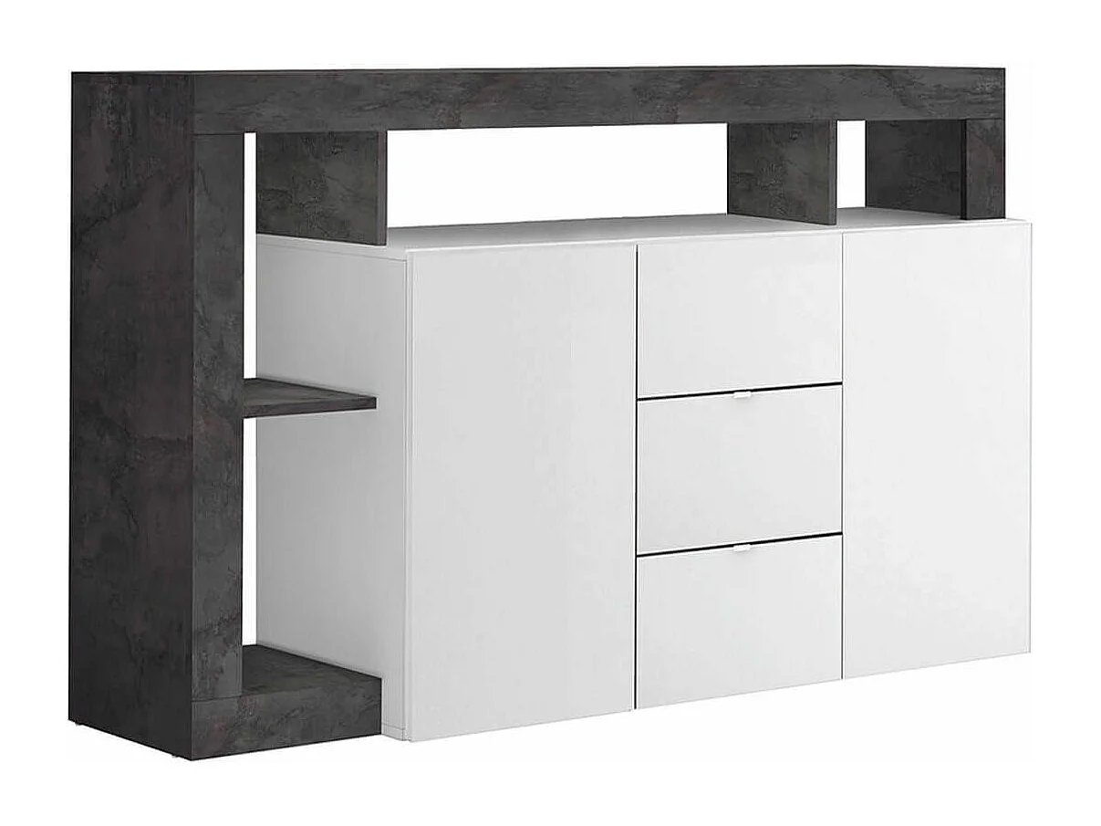 ARTURO - Buffet 2 Portes 3 Tiroirs Blanc Laqué Encadrement Niches Aspect Gris Oxyde