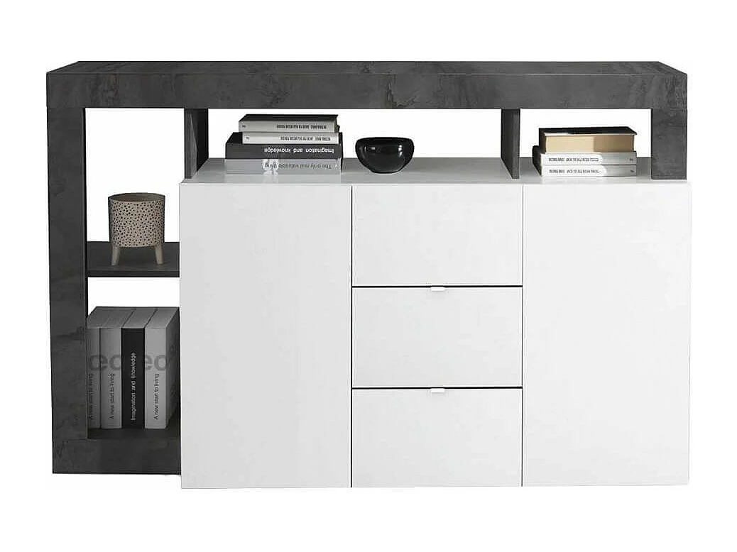 ARTURO - Buffet 2 Portes 3 Tiroirs Blanc Laqué Encadrement Niches Aspect Gris Oxyde