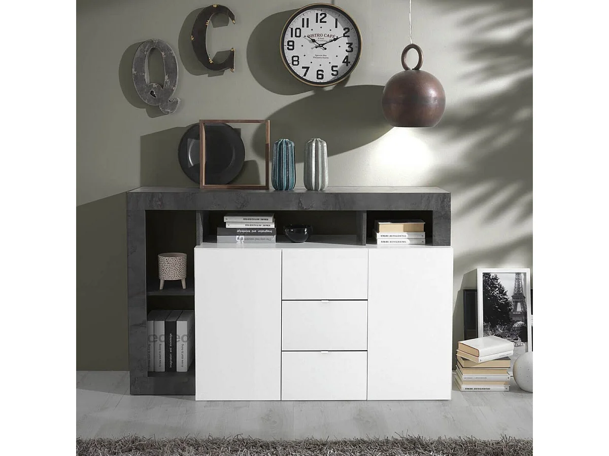 ARTURO - Buffet 2 Portes 3 Tiroirs Blanc Laqué Encadrement Niches Aspect Gris Oxyde