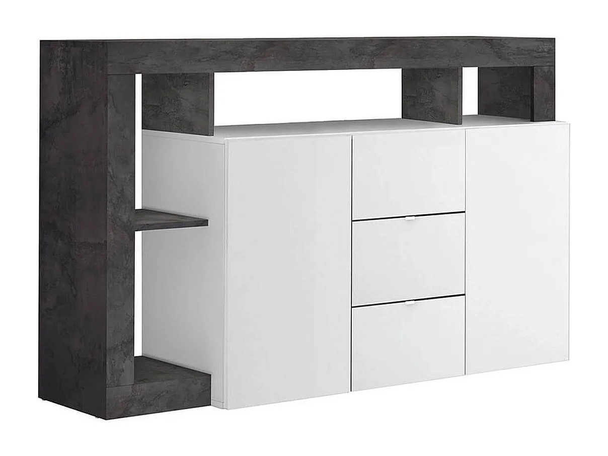ARTURO - Buffet 2 Portes 3 Tiroirs Blanc Laqué Encadrement Niches Aspect Gris Oxyde