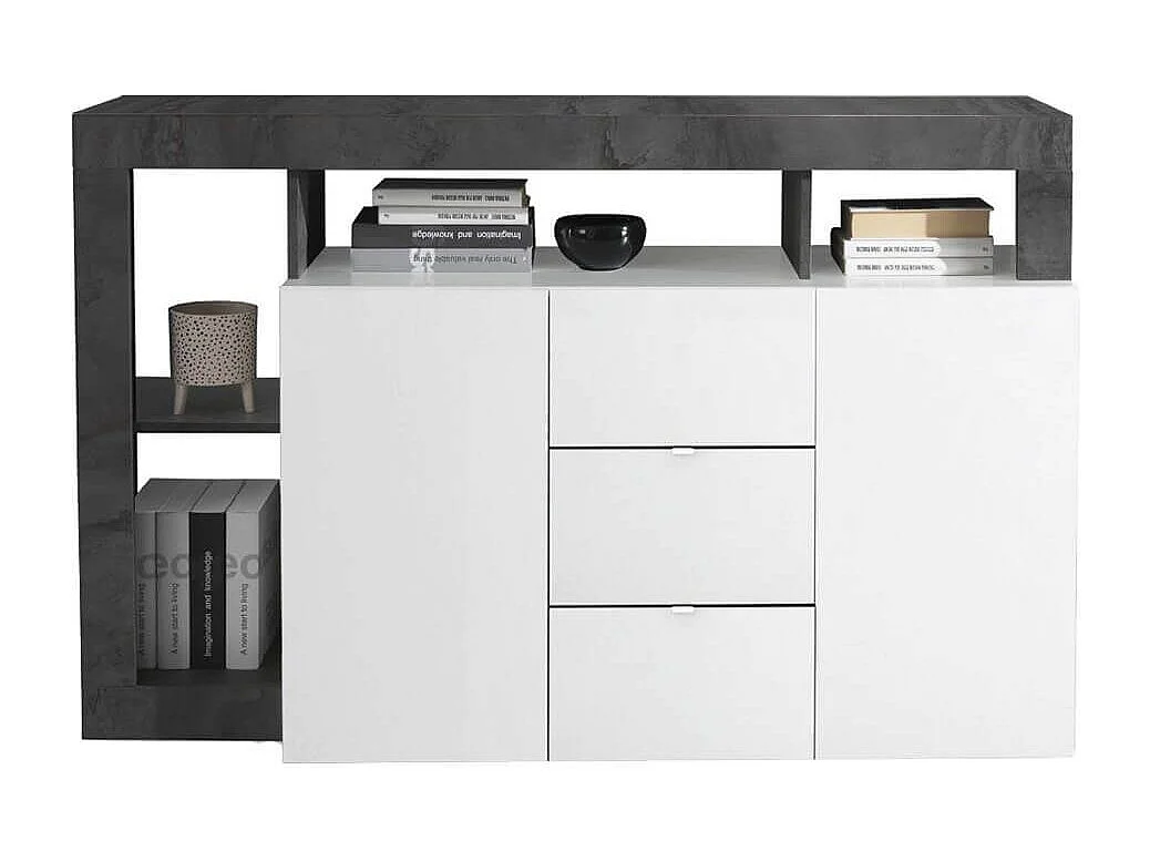 ARTURO - Buffet 2 Portes 3 Tiroirs Blanc Laqué Encadrement Niches Aspect Gris Oxyde