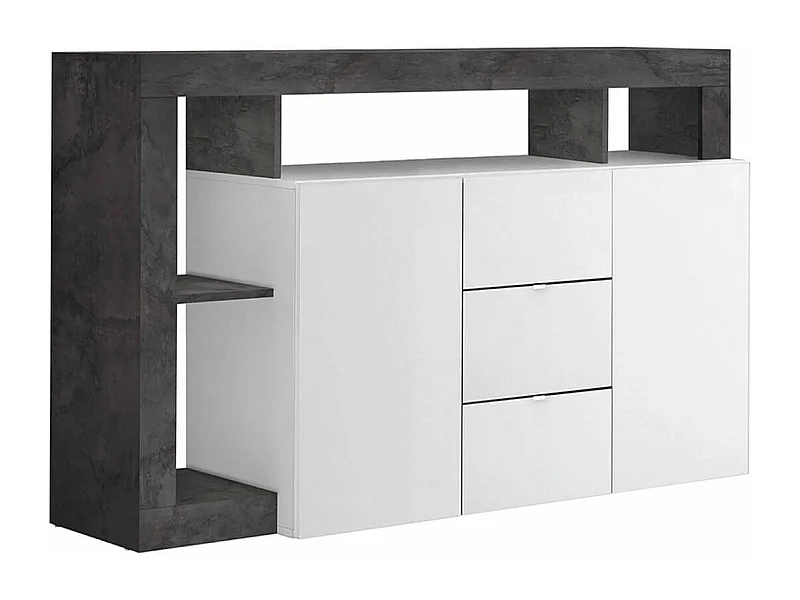 ARTURO - Buffet 2 Portes 3 Tiroirs Blanc Laqué Encadrement Niches Aspect Gris Oxyde